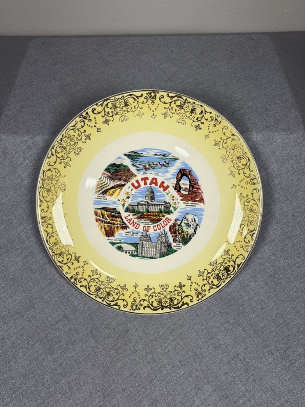 Vintage Utah Land of Color Souvenir Plate Bryce Canyon Temple Gold Filigree